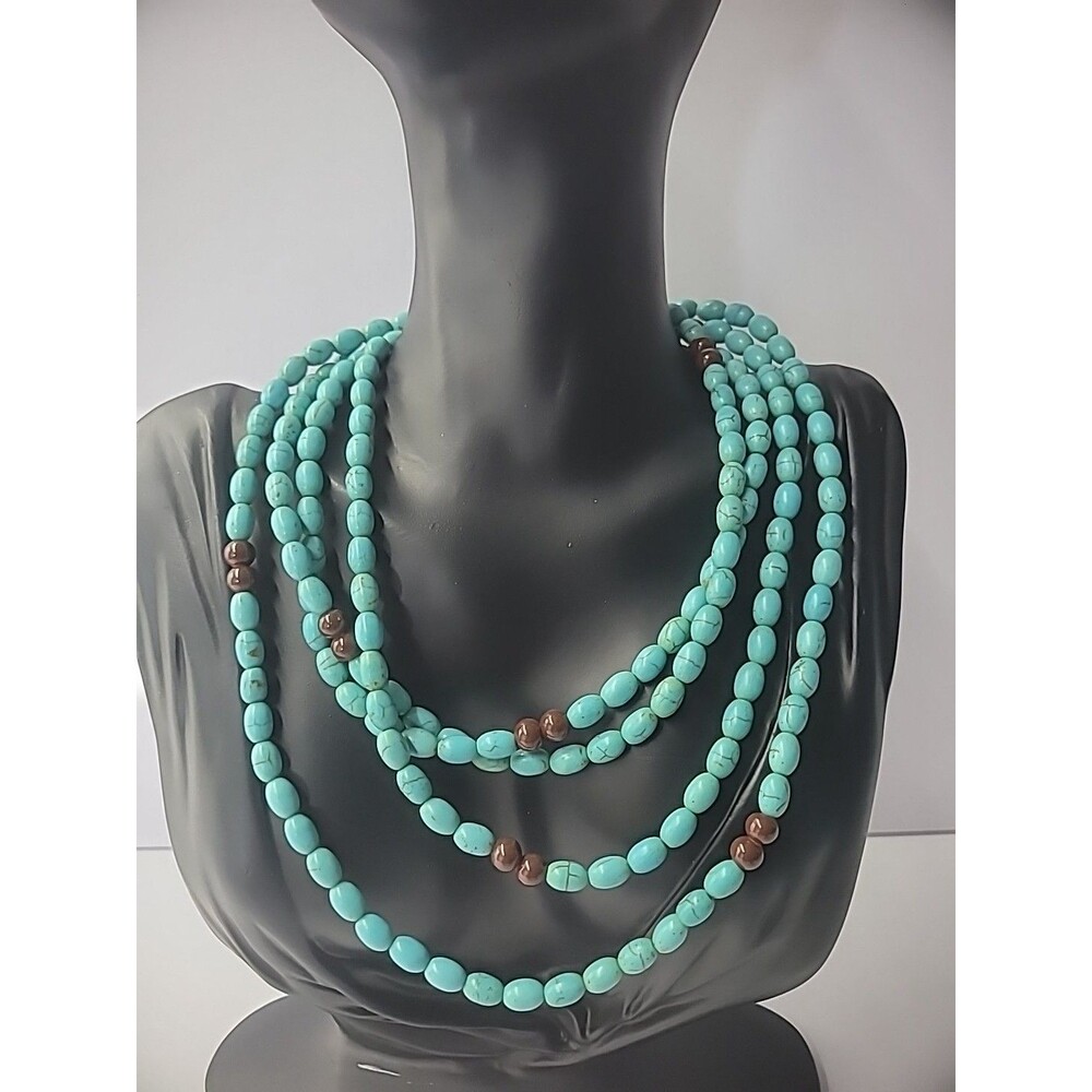 Vintage Necklace Beaded Blue Brown Flapper Opera Gold Tone Jewelry Costume